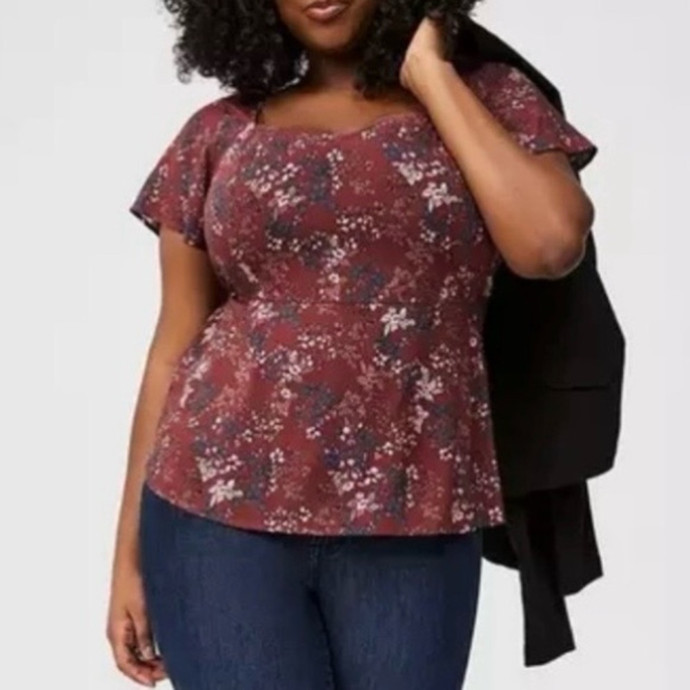 torrid Rust Floral V-Neck Flutter Sleeve Blouse with Blue and Pink Accents